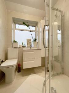 a bathroom with a shower and a toilet and a sink at Pamela's Place in Perivale