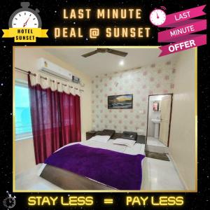 a poster of a bedroom with a bed with purple sheets at Last Minute Deal @ Hotel Sunset in Orchha