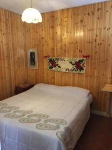 sypialnia z dużym łóżkiem i drewnianymi ścianami w obiekcie Parco gran paradiso w mieście Rhemes-Saint-Georges