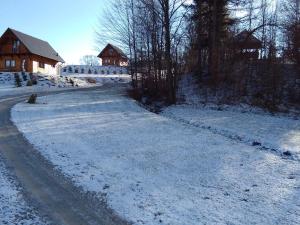 a snow covered road with houses in the background at Domek na wzgórzu "WILK" in Świątkowa Mała