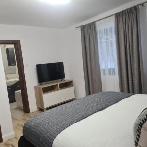 a bedroom with a bed and a flat screen tv at Casa Ardeluta in Ardeluţa