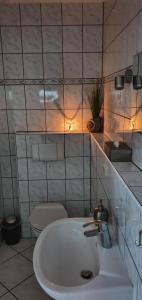 a bathroom with a white sink and a toilet at Ferienwohnung Flensfjord in Wees