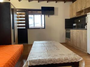 uma cozinha com uma cama e uma mesa num quarto em Lux Apart Uzunov-2 em Hisarja