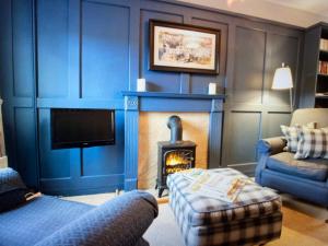 a blue living room with a fireplace and a tv at Secret View Cottage in Terrington, York in York