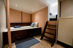 Houseboat Jana - with sauna and terrace في بروج: غرفة صغيرة مع سرير بطابقين وسلم