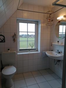 ein Bad mit einem WC, einem Waschbecken und einem Fenster in der Unterkunft Ferienhaus Poseidon in Neuharlingersiel