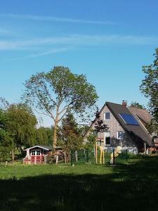 a barn with a house and a tree in a field at Süderdeich in Koldenbüttel