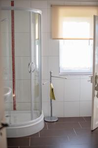 ein Bad mit einer Dusche und einer Banane, die an einer Stange hängt in der Unterkunft Ferienhaus Brockenblick in Hüttenrode
