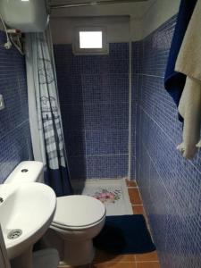 een blauw betegelde badkamer met een toilet en een wastafel bij House Camping Pasito Blanco in Maspalomas