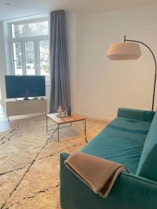 City Lofts Tegernsee - Moderne Studios zentral gelegen في باد ويسي: غرفة معيشة بها أريكة خضراء وتلفزيون