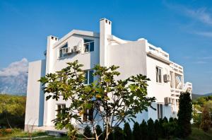 a white house with a tree in front of it at Maki Apartments - Plavi Horizonti Beach in Tivat