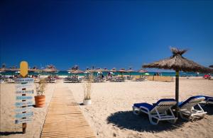 una playa de arena con sillas y sombrillas y el océano en LE COSY Canet - Studio 2 personnes à 30m de la plage, wifi fibre clim netflix en Canet-en-Roussillon