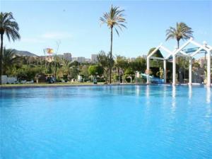 a large swimming pool with blue water and palm trees at estudio con vista al mar 19 in Benalmádena