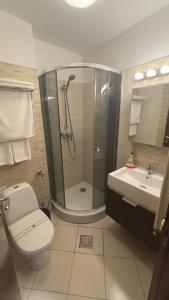 a bathroom with a shower and a toilet and a sink at Star Hotel in Tulcea +26 photos