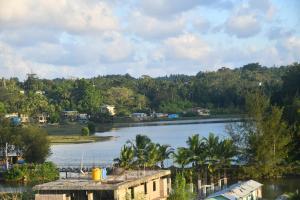 Blick auf einen Wasserkörper mit Palmen in der Unterkunft Hotel Lake View in Port Blair