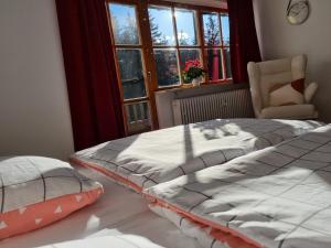 Un dormitorio con dos camas y una silla y una ventana. en Water Lily Apartment, en Berchtesgaden