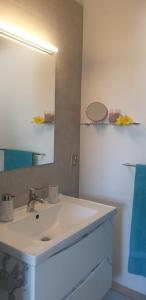 a bathroom with a white sink and a mirror at Upmarket, new, stunning 3 bedroom apartment close to the beach! in Pereybere