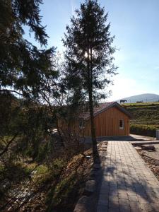 uma casa com uma árvore em frente a uma entrada em s'heimatgfühl em Schwarzenberg