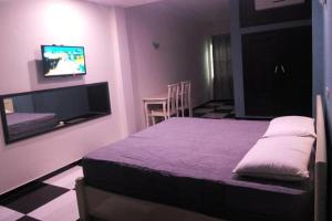 um quarto com uma cama e uma televisão de ecrã plano em Mosaly Hotel PK10 em Porto Novo