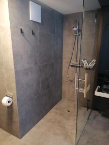 ein Bad mit einer Dusche und einer Glastür in der Unterkunft Blue Note Apartments in Schoppernau