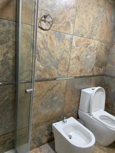 a bathroom with a toilet and a shower at Hermoso Loft en pleno centro de Neuquen in Neuquén