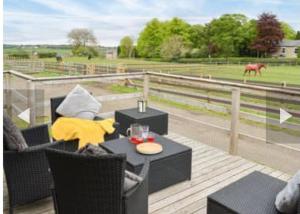 a balcony with a table and a horse in a field at The Stables Holiday Let in Low Etherley
