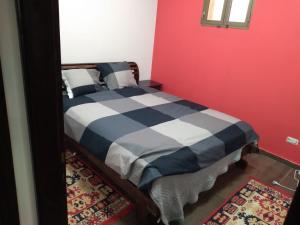 a bedroom with a bed and a red wall at BenGurion 25 Apartment in Haifa
