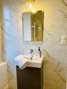La salle de bains est pourvue d'un lavabo et d'un miroir. dans l'établissement Suite 24 Appart'hôtel-L'Annexe-3 étoiles, à Montceau-les-Mines