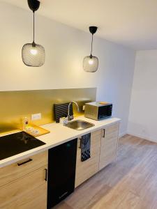 - une cuisine avec un évier et 2 lampes suspendues dans l'établissement Suite 24 Appart'hôtel-L'Annexe-3 étoiles, à Montceau-les-Mines