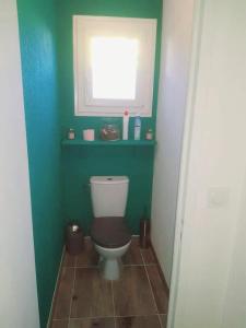 La salle de bains verte est pourvue de toilettes et d'une fenêtre. dans l'établissement L'agréable maison du Verdon, à Gréoux-les-Bains