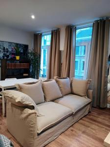 リエージュにあるAppartement Au Coeur de Liegeの窓付きのリビングルーム(白いソファ付)