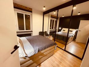 1 dormitorio con 2 camas y espejo en Apartamenty KTW Park Śląski, en Katowice