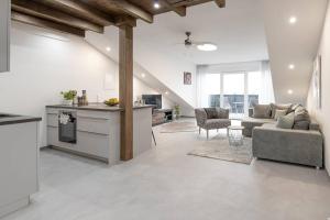 a kitchen and living room with a couch and a table at Exklusive (DG) Neubau-Ferienwohnung mit Fernsicht in Konstanz