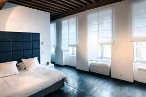 a bedroom with a large bed and two windows at La Maison Blanche in Beaune