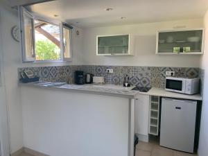 a kitchen with a counter top and a microwave at L'Aparté - Studio le Bleu Azur in Pignans