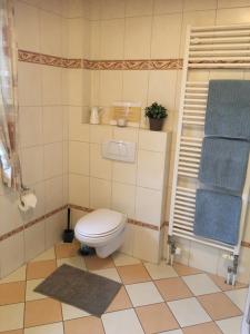 a bathroom with a toilet and a tile floor at Ferienhaus Staben in Eggstedt