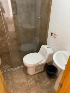 a bathroom with a toilet and a sink and a shower at Luxury Hostal in Manizales