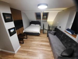 ein Wohnzimmer mit einem Bett und einer Couch in der Unterkunft Mieszkanie 2 pokojowe - 5km od SKI SUN Świeradów Zdrój in Pobiedna