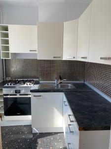 a kitchen with white cabinets and a sink at Studio City Center - Victoriei Square in Bucharest