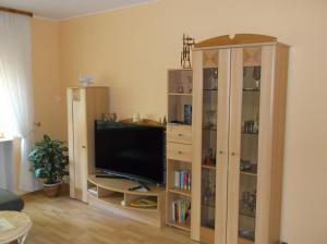 a living room with a television and a book shelf at Ferienappartement Pirmasens in Pirmasens
