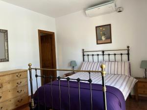 1 dormitorio con 1 cama con edredón morado en Casa Mari Carmen, en Cómpeta