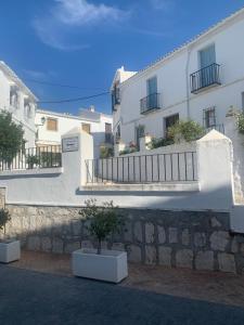 a white building with two potted trees in front of it at Apartamento El Campanario in Zuheros
