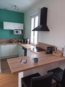 a kitchen with a wooden counter top in a room at Le Girond'Inn in Libourne
