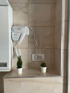 a hair dryer in a bathroom with two potted plants at Apartman Mateo Zlatar in Nova Varoš