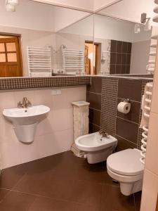 a bathroom with a sink and a toilet at Restauracja Noclegi Ruczaj Czesława Worwa in Nowy Targ