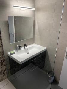 La salle de bains est pourvue d'un lavabo blanc et d'un miroir. dans l'établissement ROMARINE, à Sainte-Clotilde