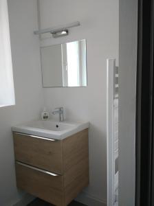 La salle de bains est pourvue d'un lavabo et d'un miroir. dans l'établissement T2 - 2 à 3 personnes - draps et serviettes en option, à Lorette