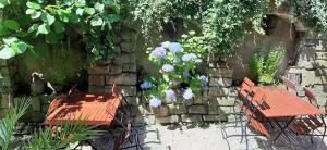 dos bancos y una pared de piedra con flores azules en Schillers Stadthaus en Hitzacker