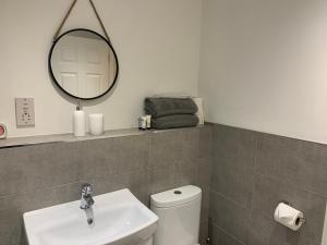 uma casa de banho com um lavatório, um espelho e um WC. em Kinfirth Apartment em Ayr