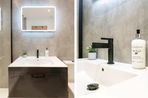 two pictures of a bathroom with a sink and a mirror at The Penthouses, 9 Albion Mews in Chester +20 photos
